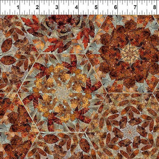 Autumn Elegance Leaf Kaleidoscope Rust Taupe - In the Beginning from Fort Worth Fabric Studio
