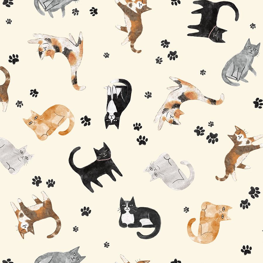 Homebodies Tossed Cats Cream Yardage by Clothworks