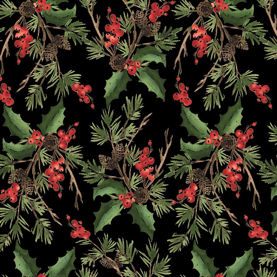108" Wide Quilt Backing Berry Chic Holly Bouquet Black from Henry Glass 3 YARD CUT - Henry Glass from Fort Worth Fabric Studio