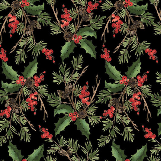 108" Wide Quilt Backing Berry Chic Holly Bouquet Black from Henry Glass 3 YARD CUT - Henry Glass from Fort Worth Fabric Studio