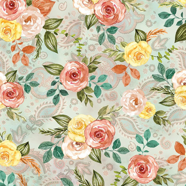 108" Wide Quilt Backing Country Time Roses Seafoam from Benartex – Remnant 30″ × 108″