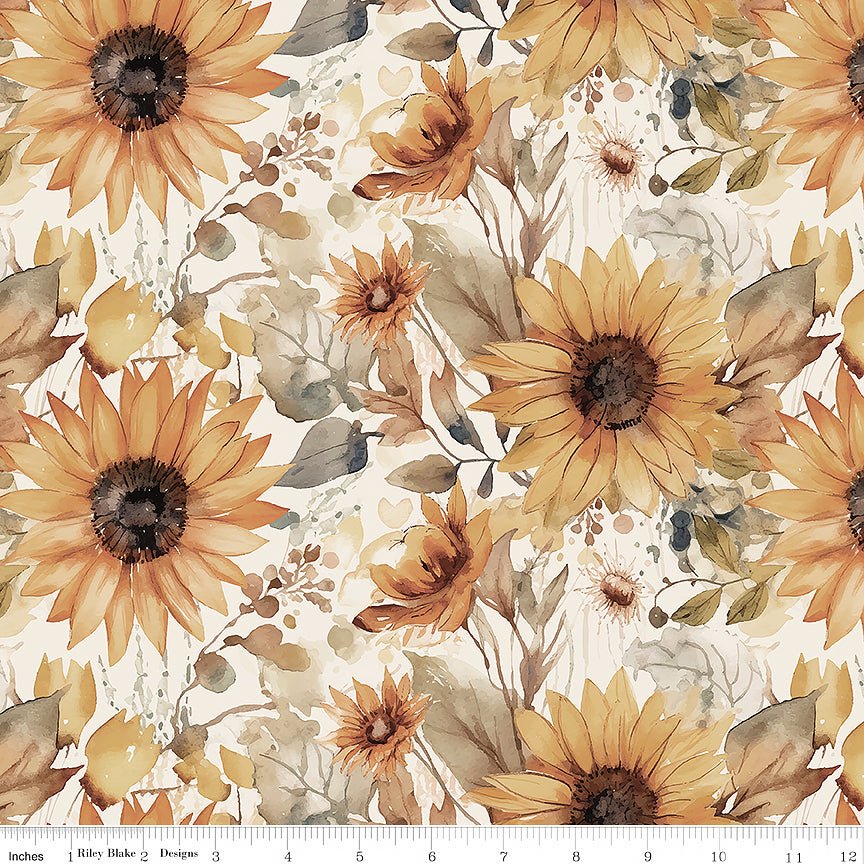 108" Wide Quilt Backing Evening on the Prairie Watercolor Sunflowers Cream - Riley Blake from Fort Worth Fabric Studio
