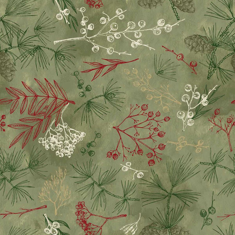 108" Wide Quilt Backing Good Natured Tree Bits Sage – Remnant 17″ × 108″