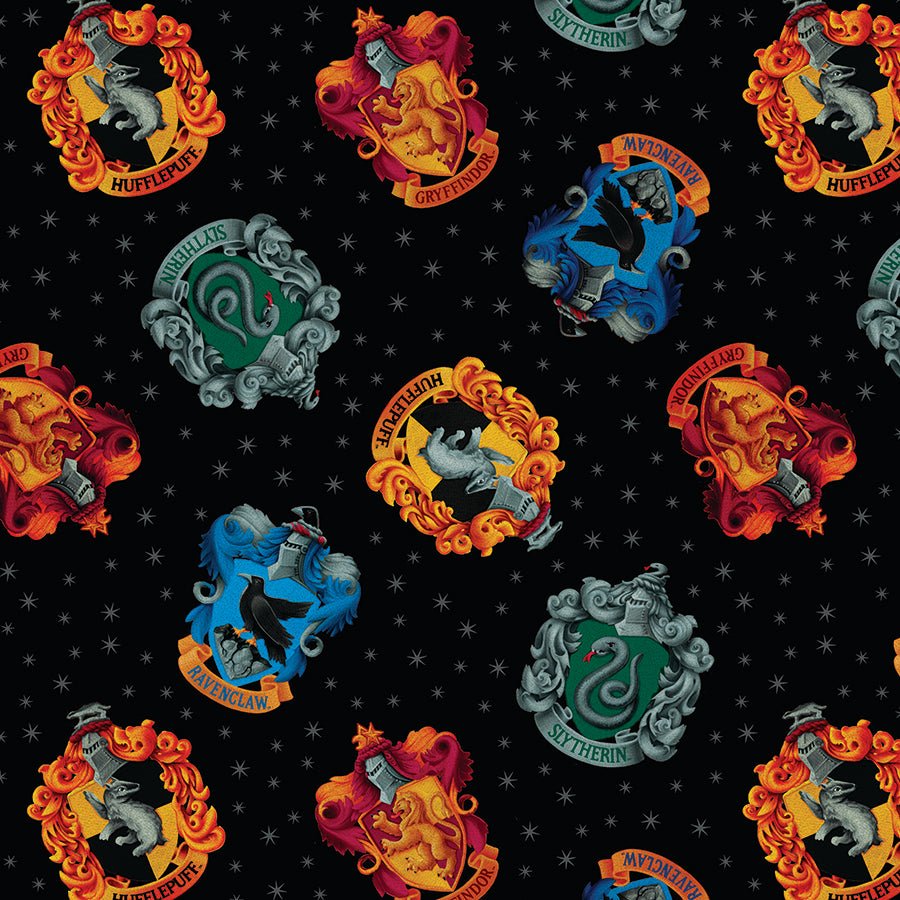 108" Wide Quilt Backing Harry Potter House Crests Black - Benartex from Fort Worth Fabric Studio