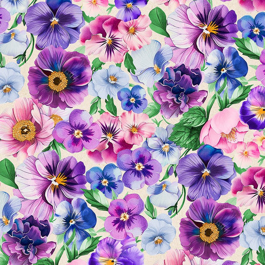 108" Wide Quilt Backing Pansy Fields Packed Florals Cream - Wilmington Prints from Fort Worth Fabric Studio