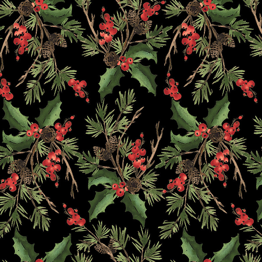 108" Wide Quilt Backing Berry Chic Holly Bouquet Black