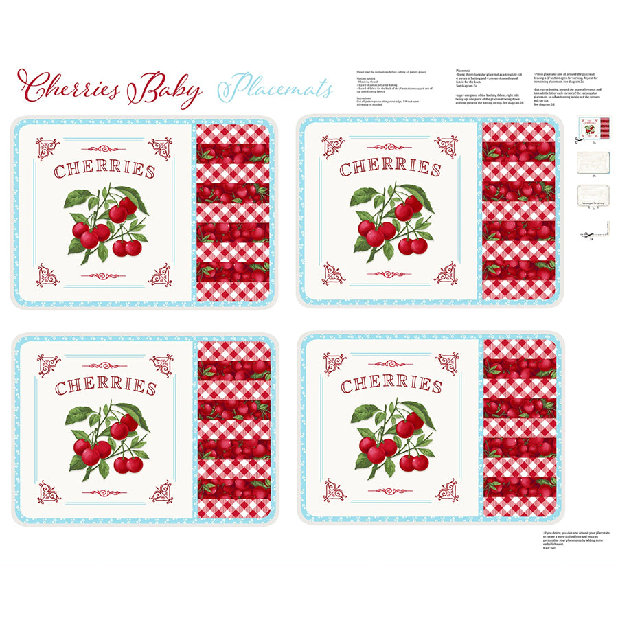 Cherries Baby 36" Placemats Panel Turquoise/Red