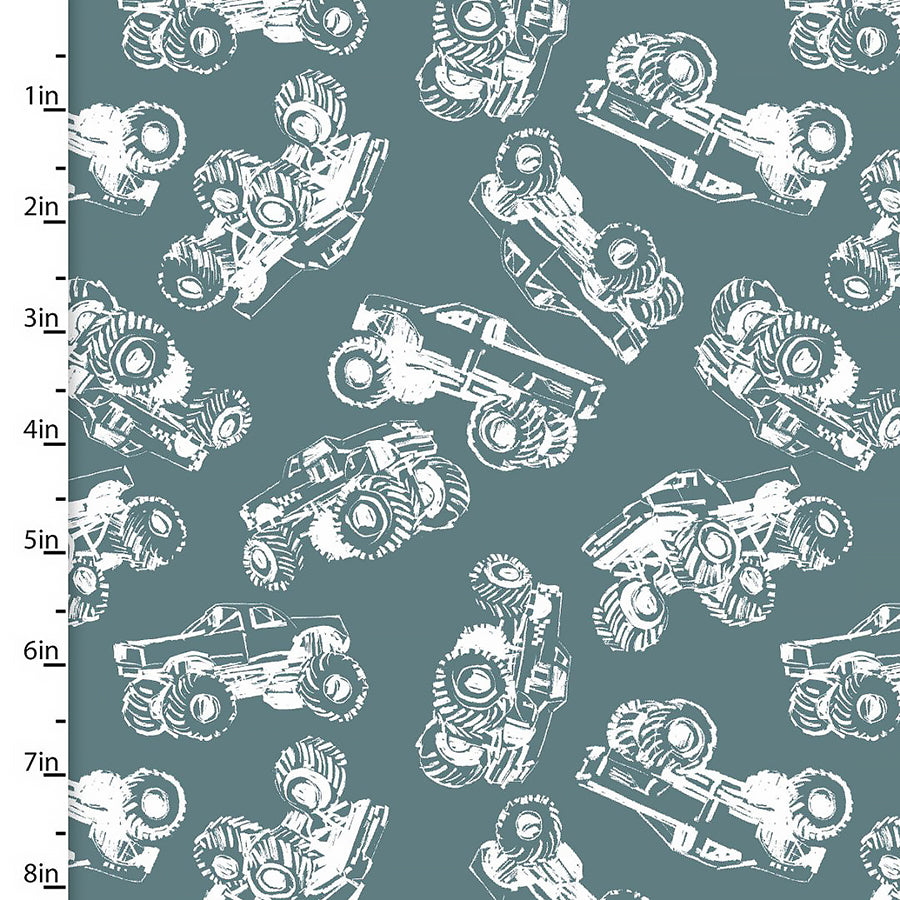 3 Wishes Mash the Throttle Monster Truck Outline Turquoise 1 Yard Cut