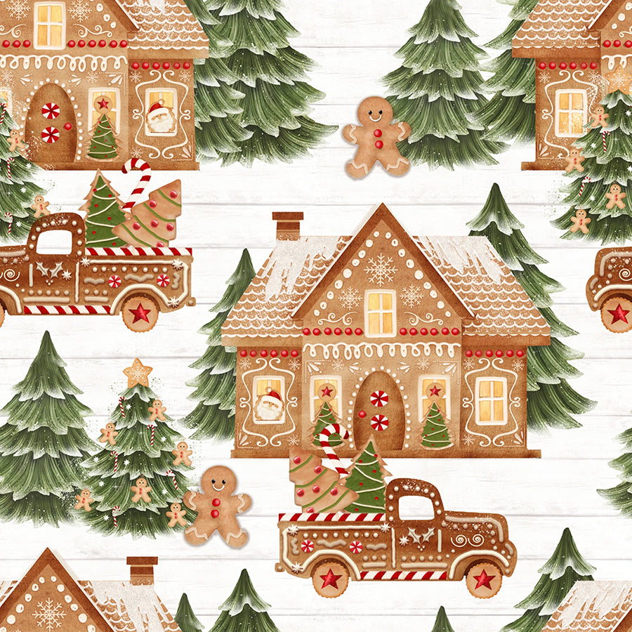 3 Wishes Very Merry Gingerbread Jolly Gingerbread Forest White 1 Yard Cut