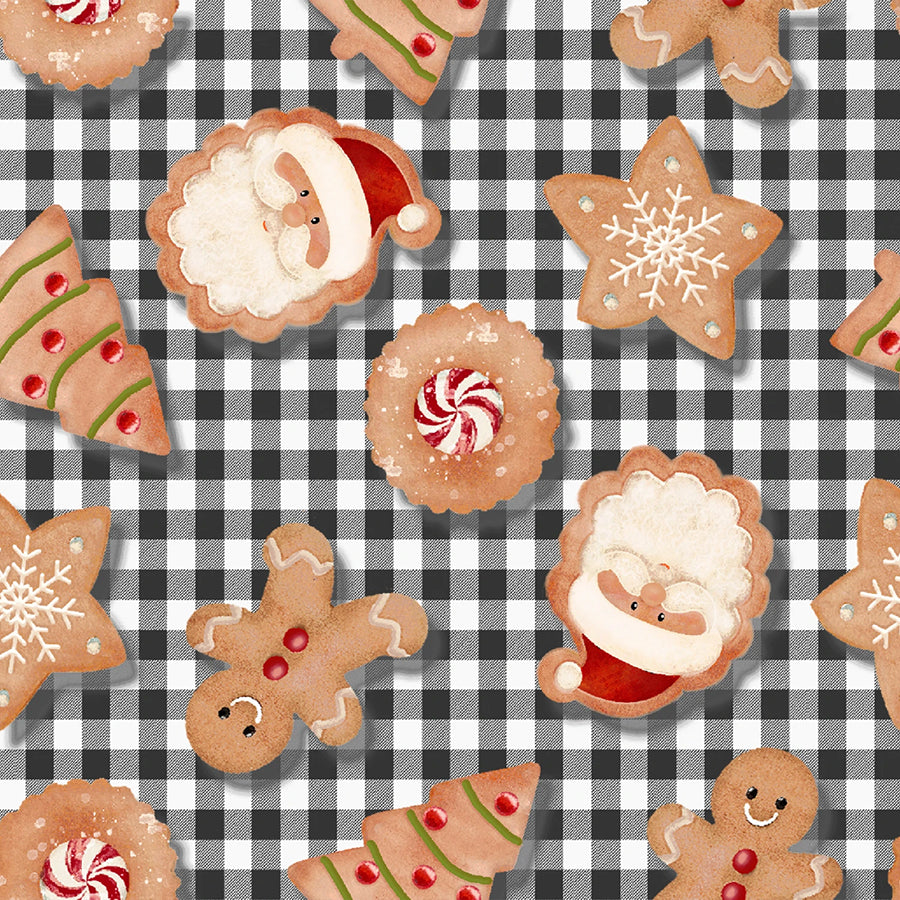 3 Wishes Very Merry Gingerbread Christmas Cookie Plaid Black 1 Yard Cut