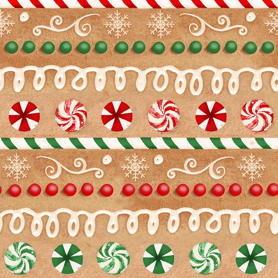3 Wishes Very Merry Gingerbread Iced Candy Stripe Tan 1 Yard Cut