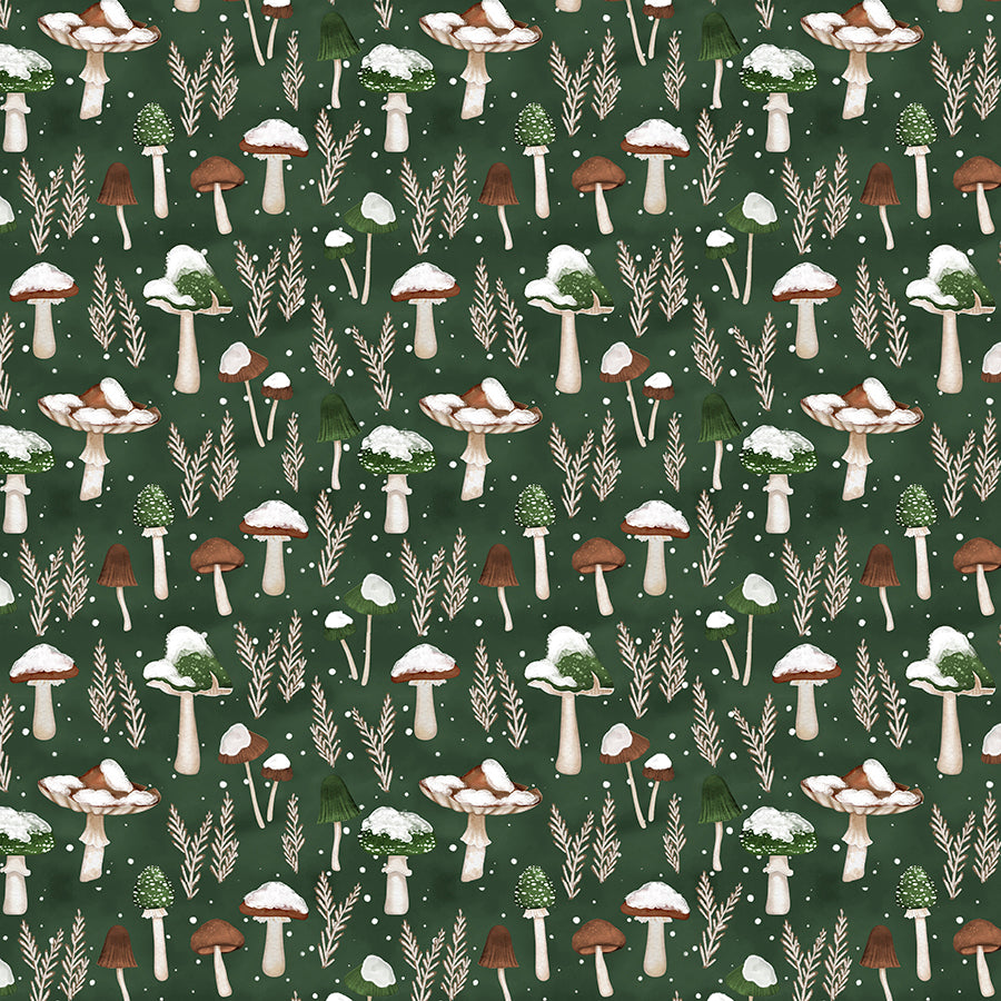 Woodland Snowmen Mushrooms All Over Green
