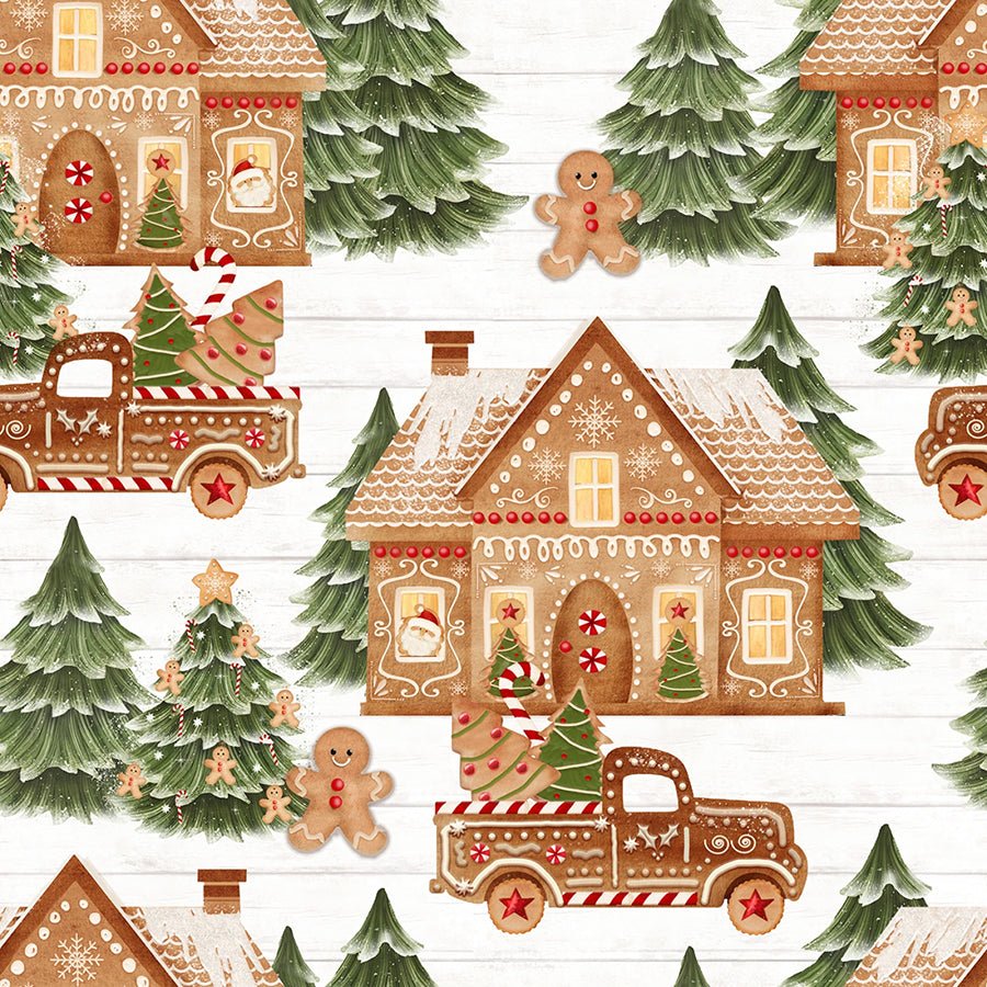 3 Wishes Very Merry Gingerbread Jolly Gingerbread Forest White 1 Yard ...