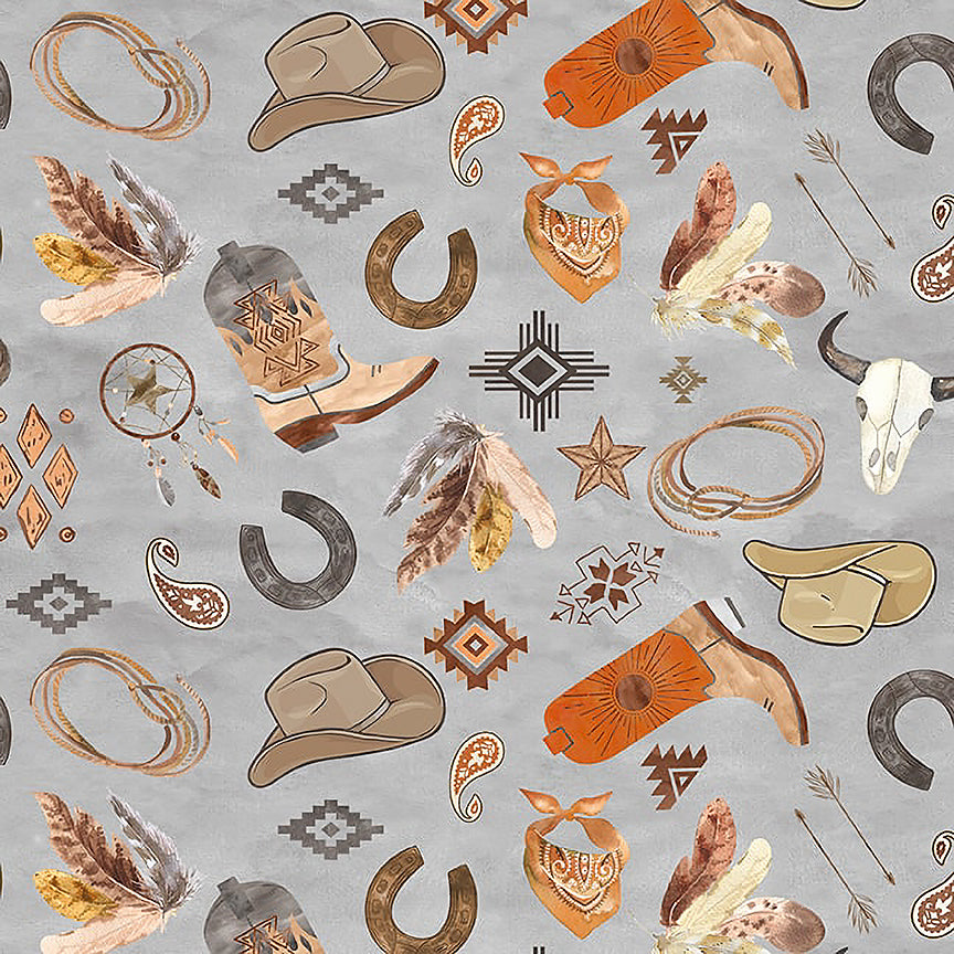 Western Boho Baby Tossed Cowboy Motifs Gray