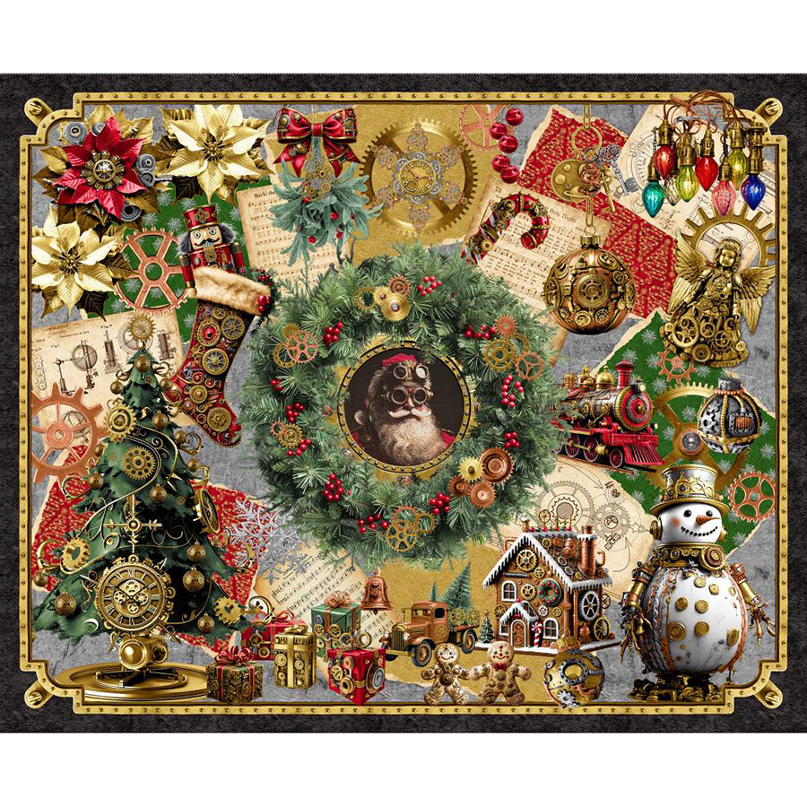 Gears & Garland 36" Steampunk Christmas Panel Red