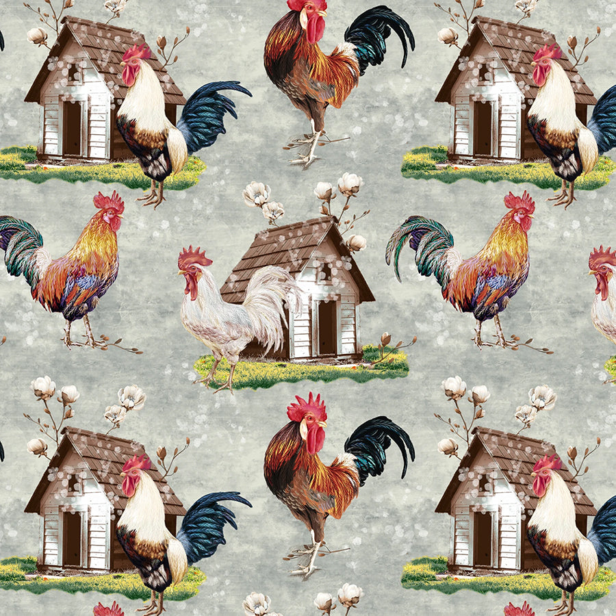 Pastoral Serenade Roosters Around Homes Grey