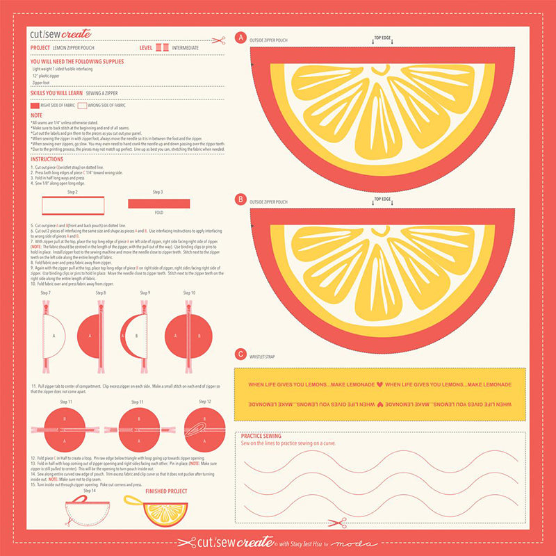 Lemon Zipper Pouch Panel by Cut Sew Create