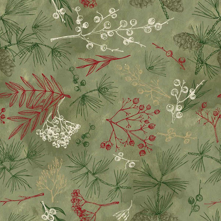 108" Wide Quilt Backing Good Natured Tree Bits Sage