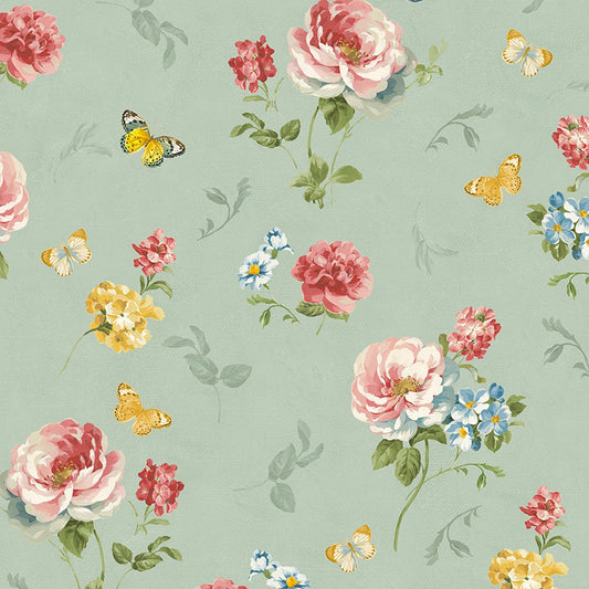 Blushing Meadow Large Floral All Over Green – Remnant 26″ × 44″
