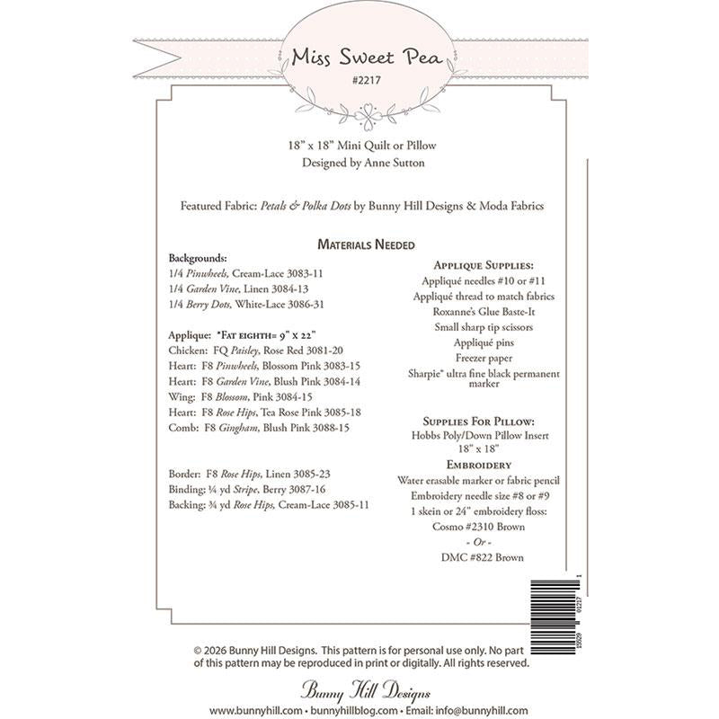 Miss Sweet Pea Mini Quilt Pattern by Bunny Hill Designs