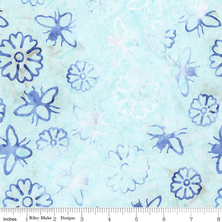 Watercolor Daisies Batiks Petals & Bees Caribbean Shale