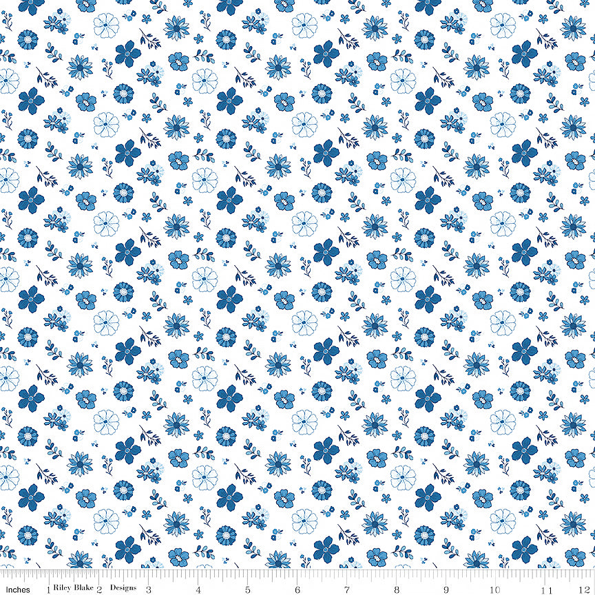 Blue Blooms & Threads Floral White