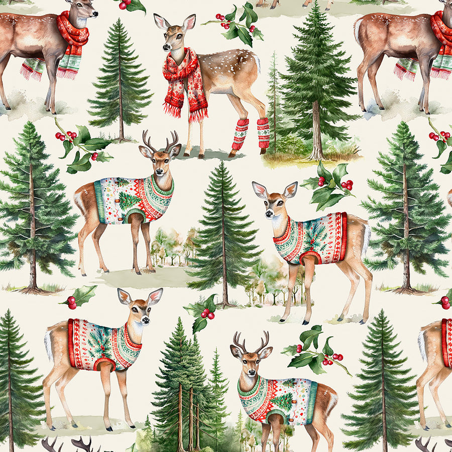 Rustic Holiday Deer in Sweaters Cream