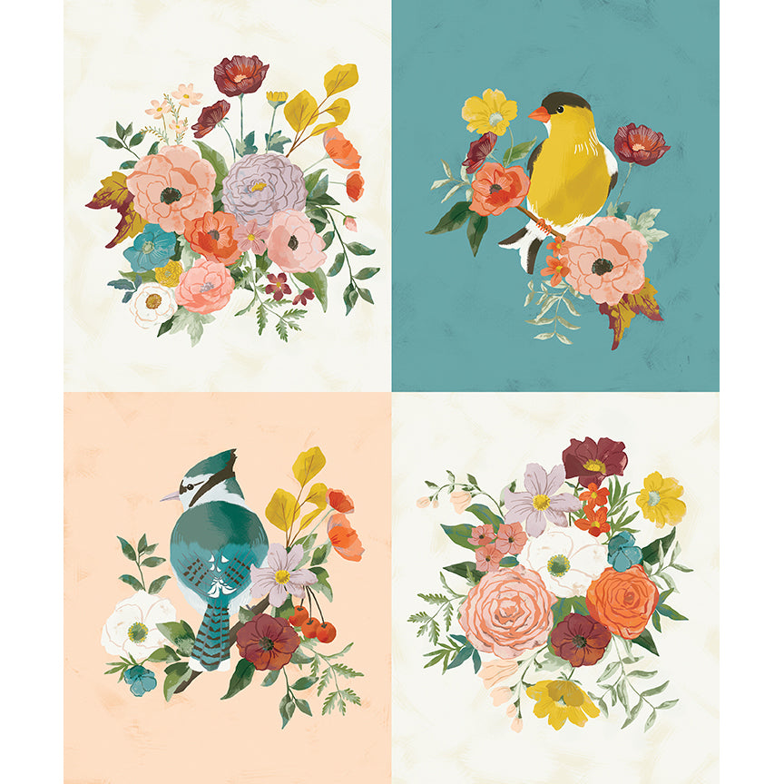 Winged Medley 36" Birds & Bouquets Panel Multi