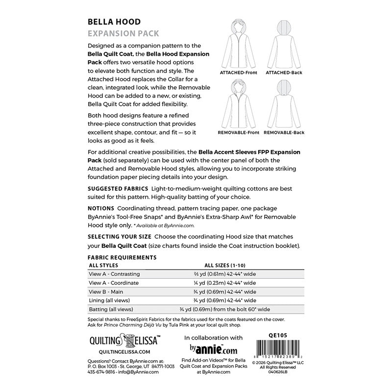 Bella Quilt Coat HOOD Companion Pattern by Quilting Elissa & byAnnie