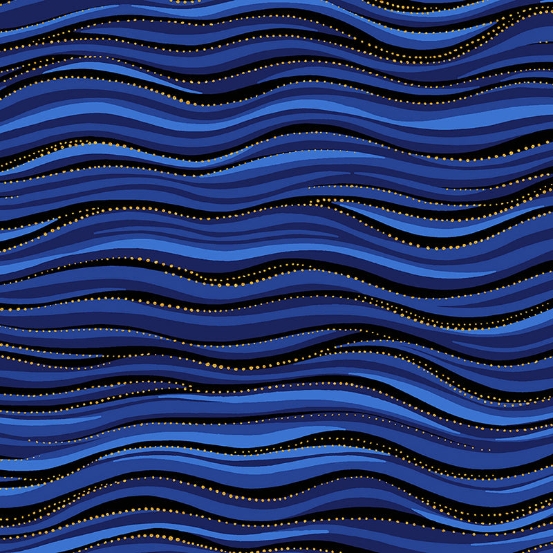 Clothworks Laurel Burch Basic Wave Royal Blue Gold 1 Yard Cut