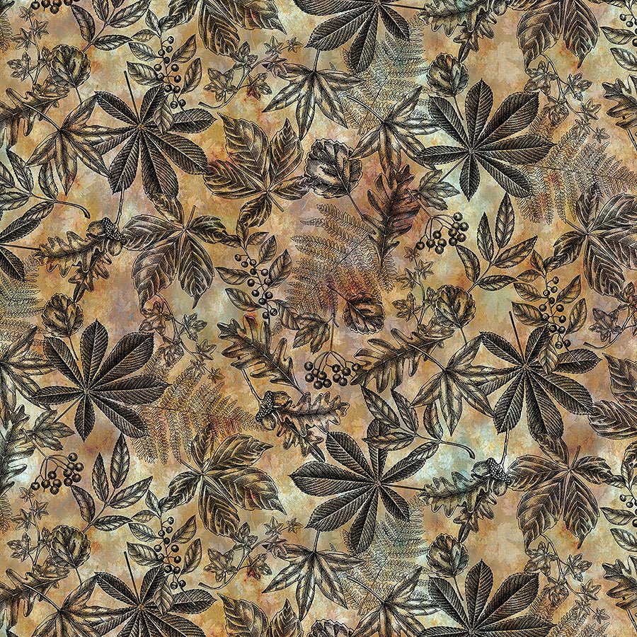 Autumn Elegance Leaf & Fern Toile Gold - In the Beginning from Fort Worth Fabric Studio
