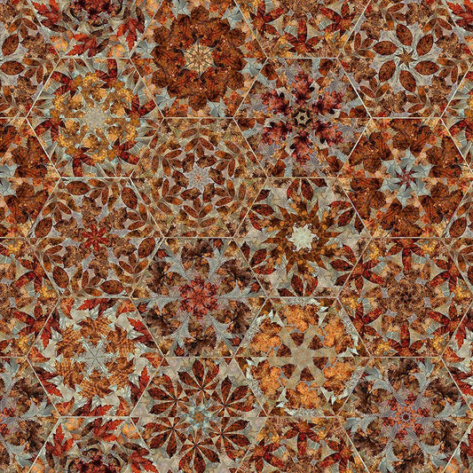 Autumn Elegance Leaf Kaleidoscope Rust Taupe - In the Beginning from Fort Worth Fabric Studio