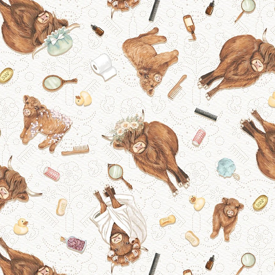 Bathing Bonnies Cow Toss White/Mint – Remnant 12" × 44" - Studio E from Fort Worth Fabric Studio