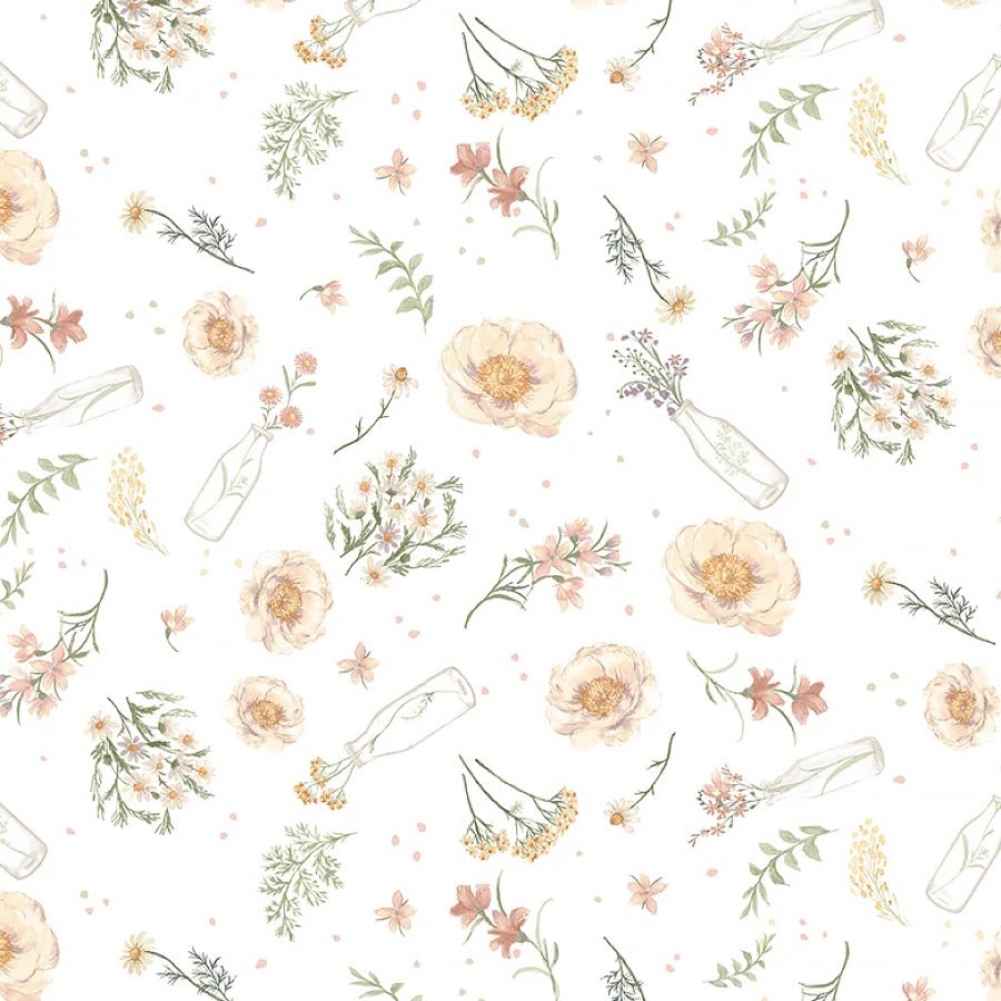 Bathing Bonnies Milk Bottle Florals White – Remnant 38″ × 44″