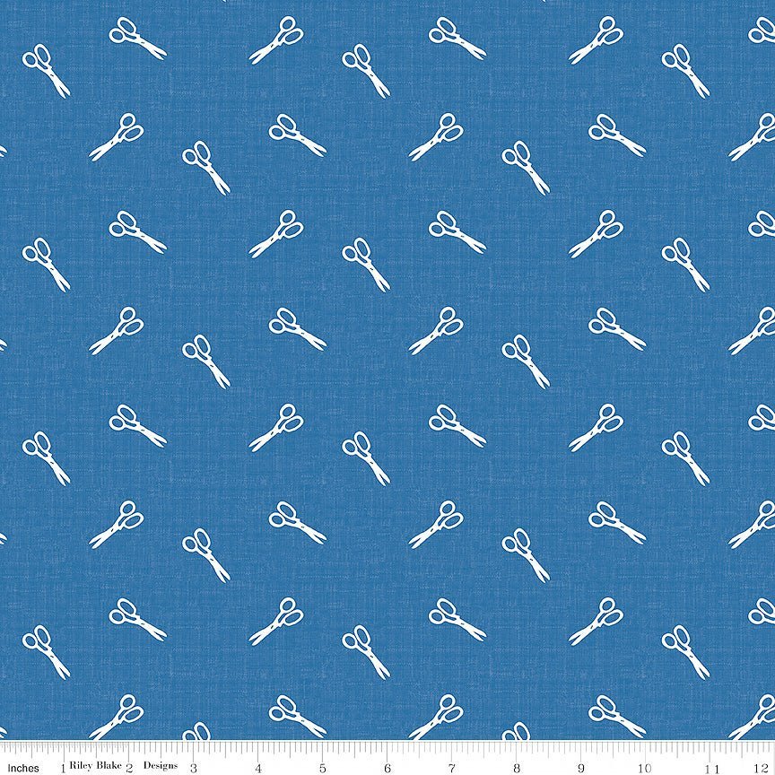 Blue Blooms & Threads Scissors Denim – Remnant 11″ × 44″ - Riley Blake from Fort Worth Fabric Studio