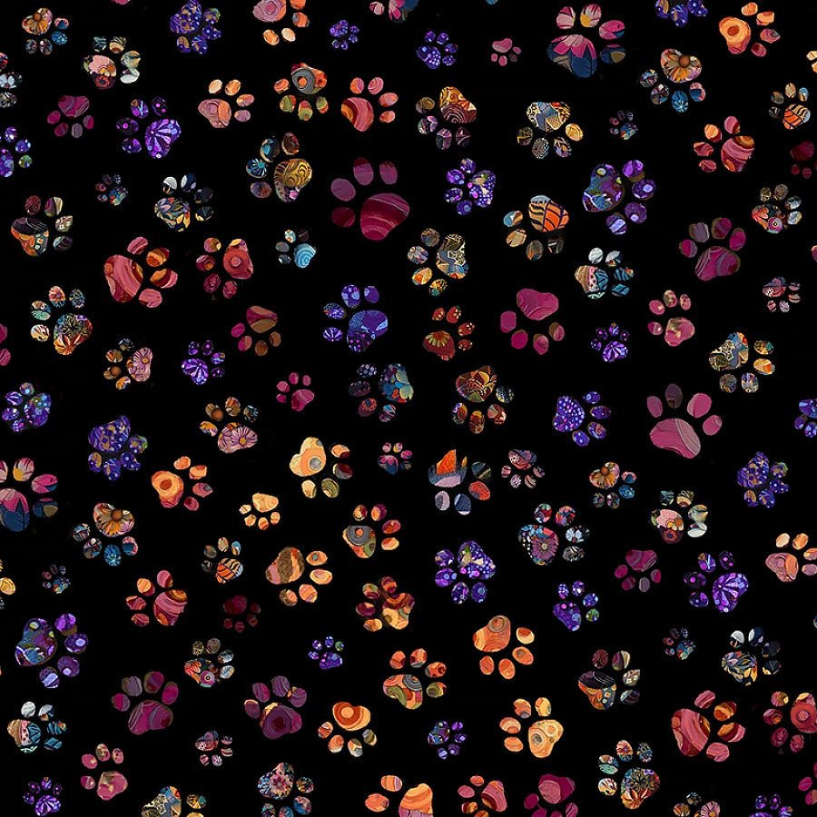 Calico Cat Floral Paw Prints Black – Remnant 31″ × 44″