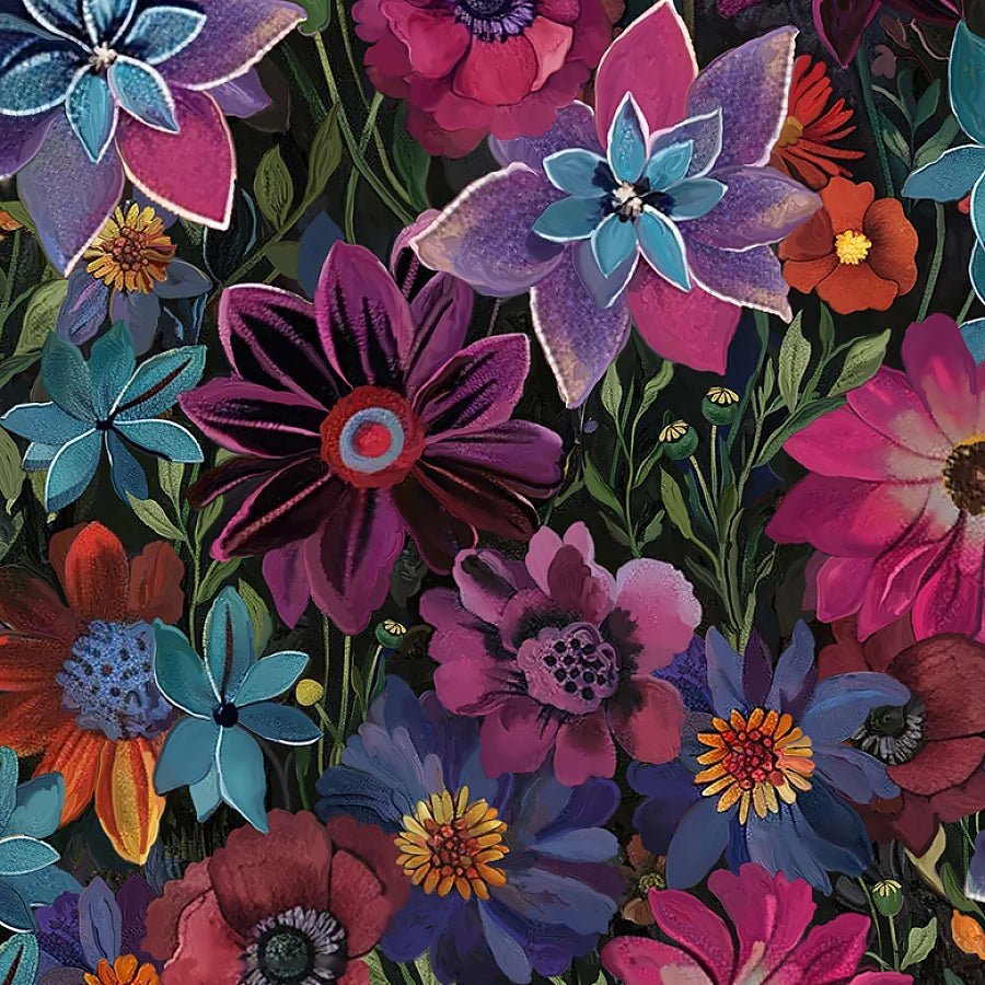 Calico Cat Forest Floral Black - Timeless Treasures from Fort Worth Fabric Studio