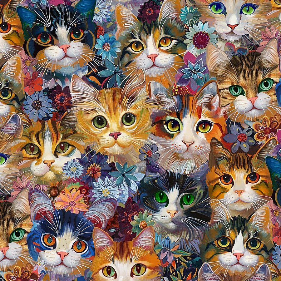 Calico Cat Packed Cats & Florals Natural – Remnant 16″ × 44″ - Timeless Treasures from Fort Worth Fabric Studio