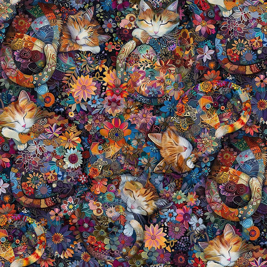 Calico Cat Sleeping Cats & Florals Multi – Remnant 25″ × 44″