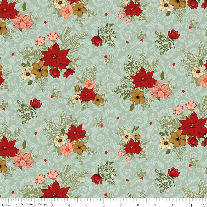Christmas Greetings Florals Sage – Remnant 33″ × 44″
