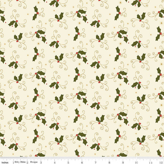 Christmas Greetings Holly Cream - Riley Blake from Fort Worth Fabric Studio