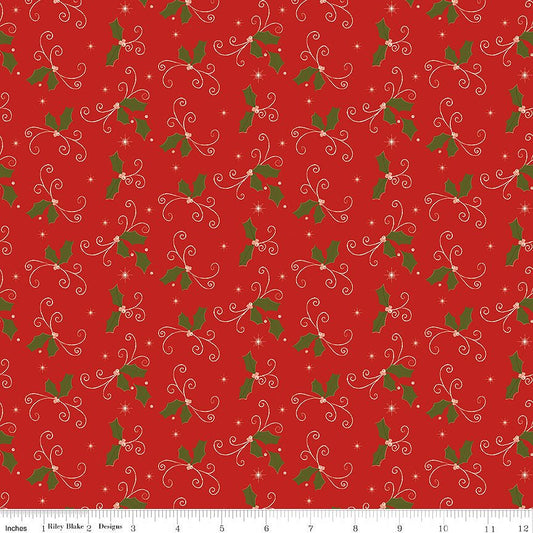 Christmas Greetings Holly Red - Riley Blake from Fort Worth Fabric Studio