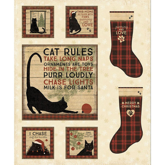Christmas Tails 36" Cat Rules Panel Butter - Clothworks from Fort Worth Fabric Studio