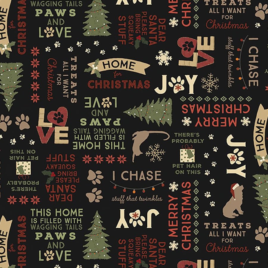 Christmas Tails Words Black - Clothworks from Fort Worth Fabric Studio