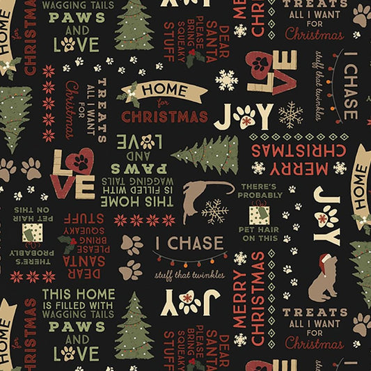 Christmas Tails Words Black - Clothworks from Fort Worth Fabric Studio