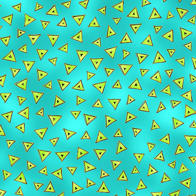Clothworks Laurel Burch Basic Triangle Aqua Gold Metallic – Remnant 35" × 44"