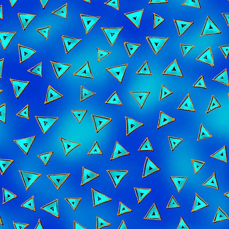 Clothworks Laurel Burch Basic Triangle Dark Aqua Gold Metallic – Remnant 21″ × 44″