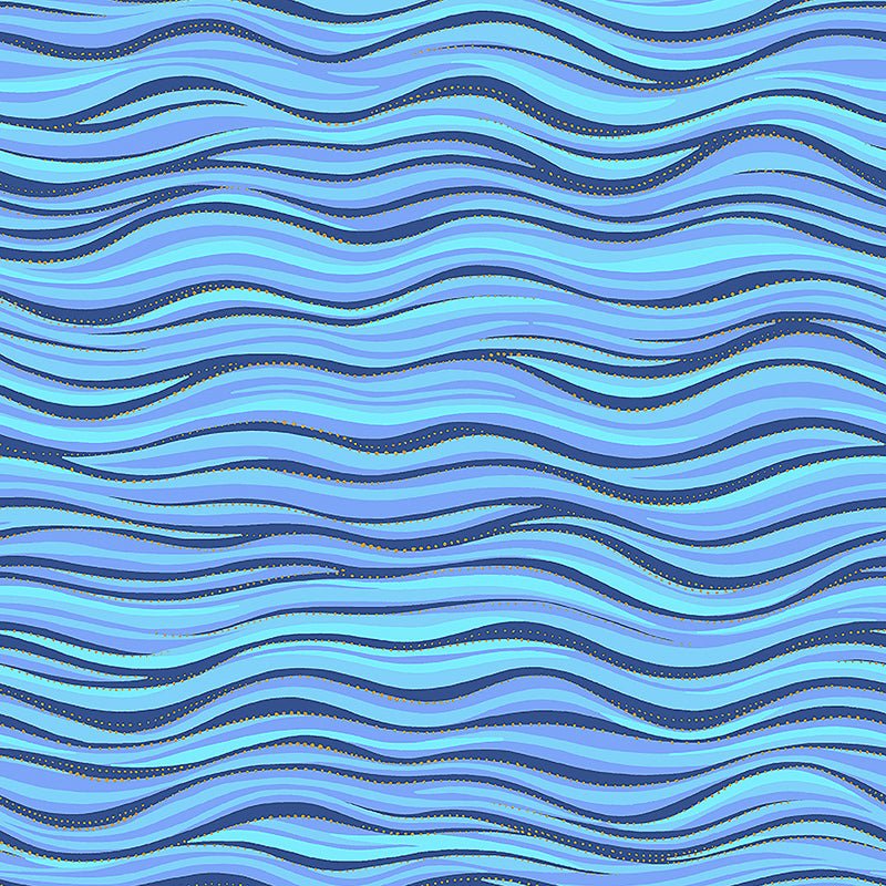Clothworks Laurel Burch Basic Wave Dark Blue Gold Metallic – Remnant 22" × 44"