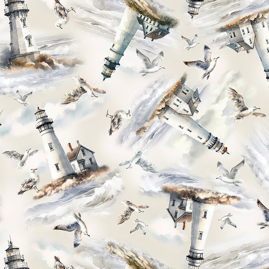 Coastal Escape Lighthouses Neutral – Remnant 39″ × 44″ - Benartex from Fort Worth Fabric Studio