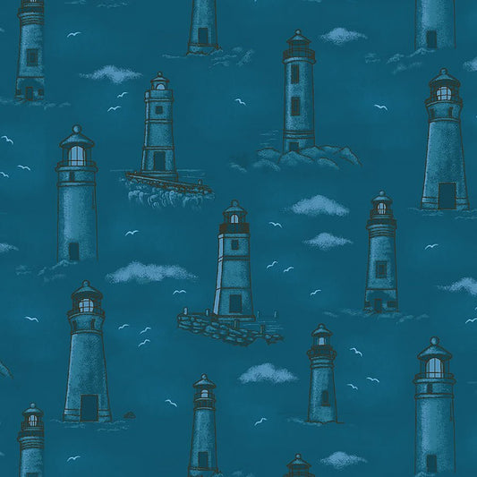 Coastal Guardians Lighthouses Blue - Henry Glass from Fort Worth Fabric Studio